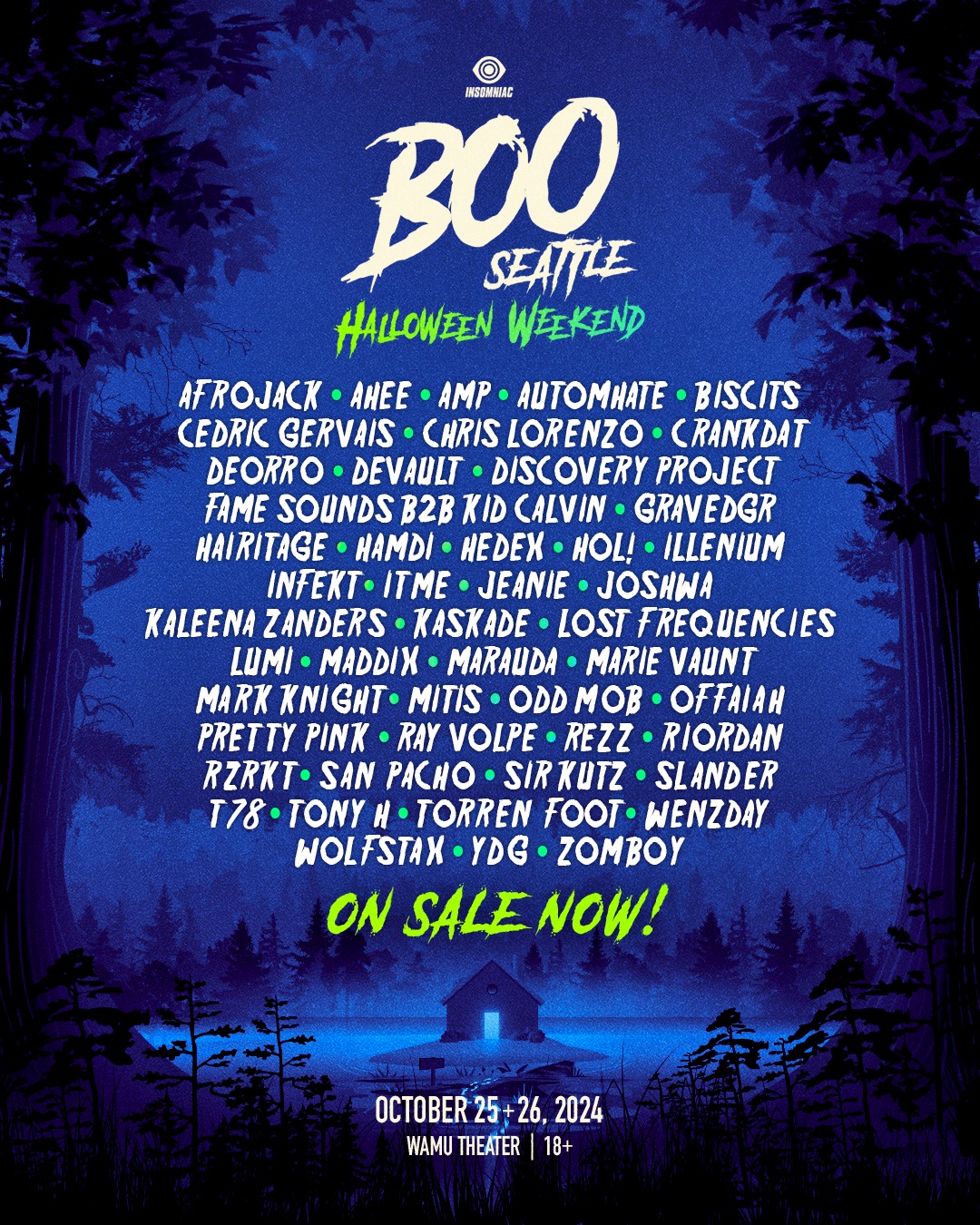 Full 2024 Lineup for Boo 2024 Seattlw with blue background and white/green text.