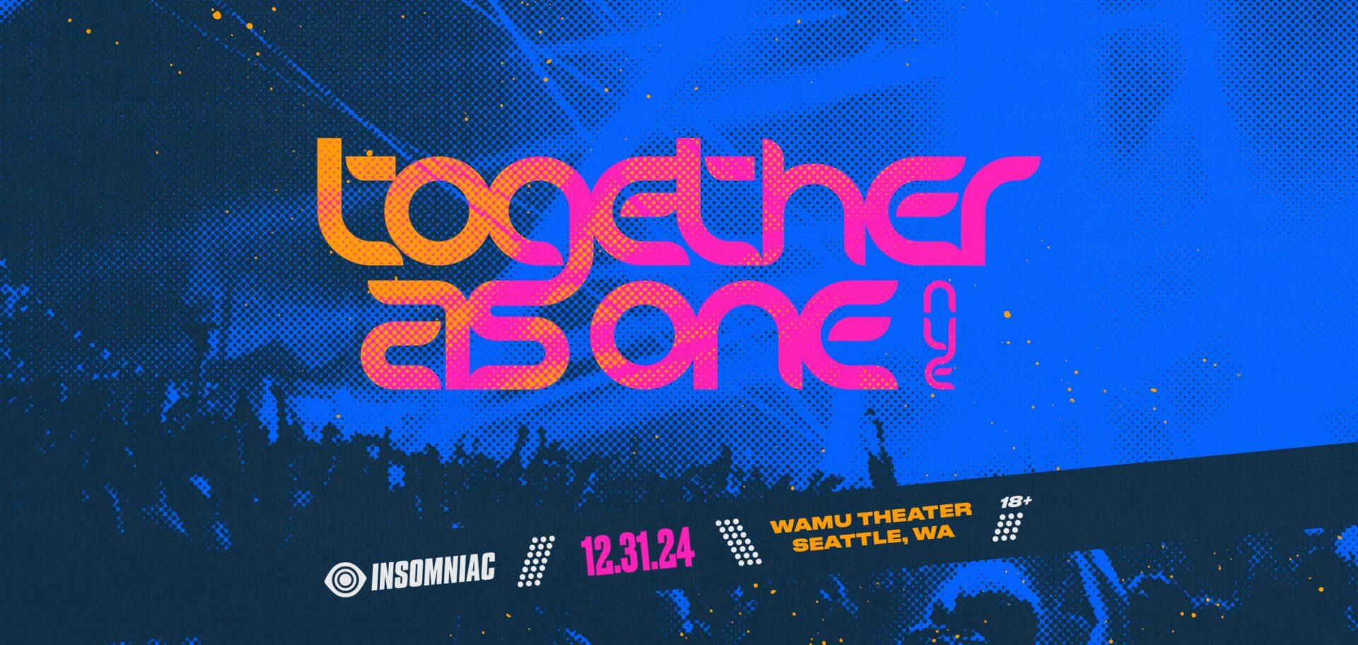 Poster/wallpaper for Together As One 2024 in Seattle, WA with pink text and blue background.