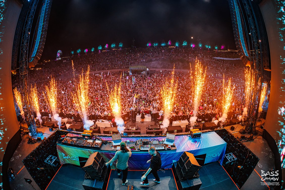 photo of main stage looking out at crowd at night during GWN set